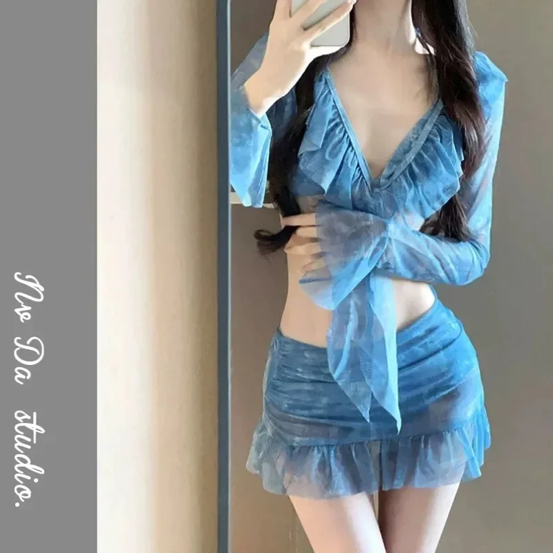 

Summer Long Sleeve Bikinis Sets Women Beachwear Holiday Fashion 4 Pieces Swimsuit Solid Mesh Sexy Ruffles Halter New Swimwears