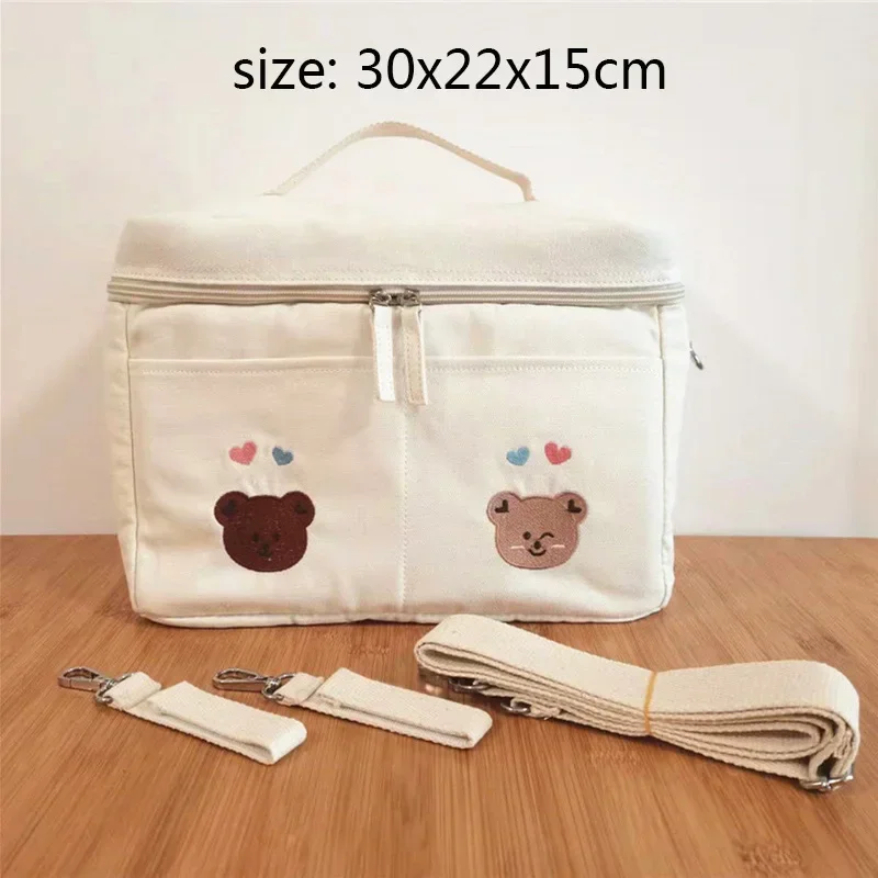 Bear Embroidery Insulated Lunch Bag Kids Portable Food Storage Canvas Waterproof Thermal Lunch Box Mommy Diaper Bag for Stroller