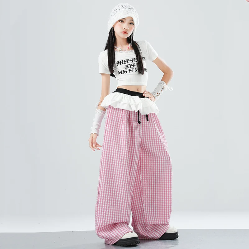 Kinder Hip Hop Kleidung Mädchen Jazz Dance Kostüm Nabel Tops Rosa Karierte Hosen Sommer Straße Tragen Kpop Leistung Anzug BL16234