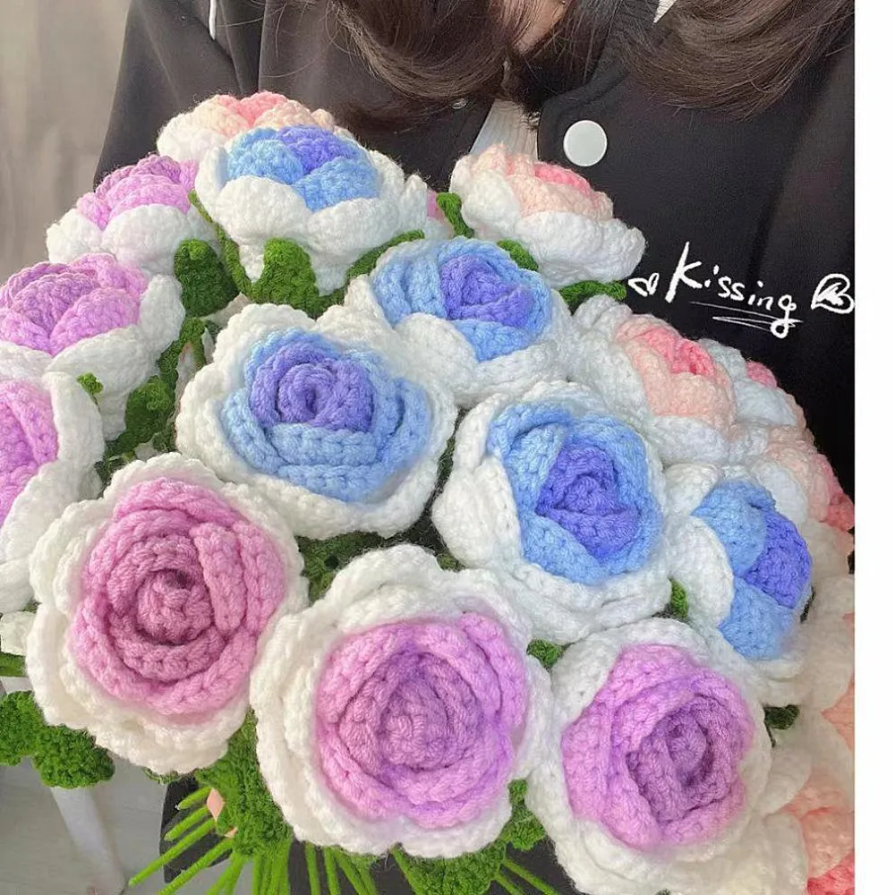 5/10pcs Knitting Flower Gradient Rose Flower Fake Flowers Bouquet Wedding Decoration Hand-woven  Home Table Creative Decorate