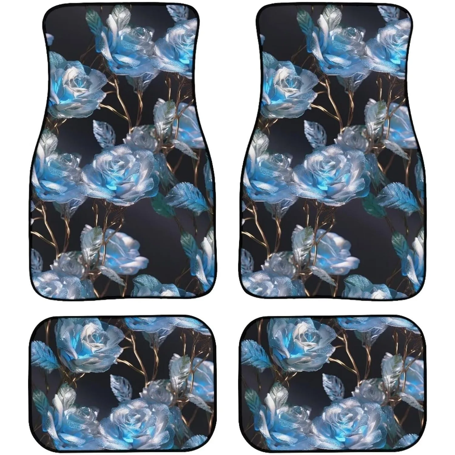 Crystal Rose Car Rubber Floor Mats In Blue Featuring A Crystal Rose Design, Includes 4pcs For Both Front And Rear. These Non-Sli