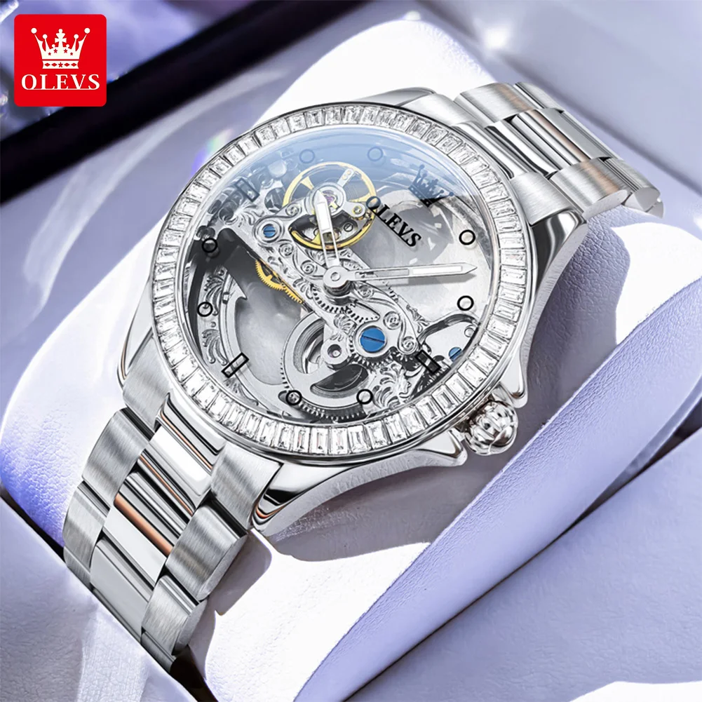 OLEVS 6699 Automatic Mechanical Women's Watch Transparent 40mm Big Dial Design Bracelet Watch Set Gift Luxury Watch for Women
