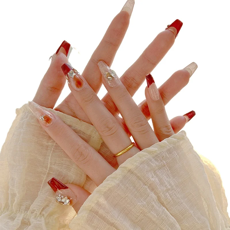 

*Premium European and American Long Almond Nail New Year's Atmosphere Red French Colorful Fireworks Removable