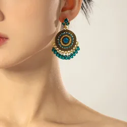 Fashion Vintage Blue Rice Beads Tassel Earrings Bohemian Alloy Round Hollow Rhinestone Dangle Earrings for Women Indian Jewelry