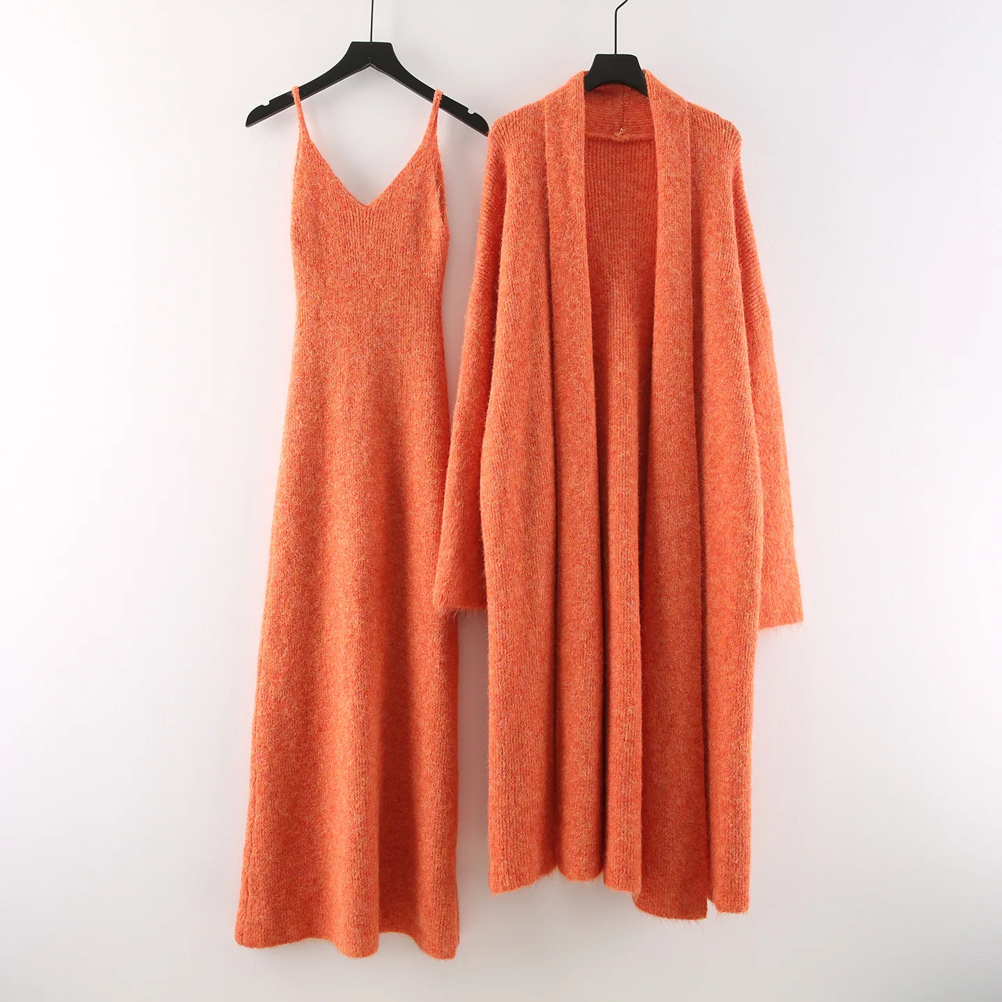 ZAMOR Women's Longline Knit Cardigan and Camisole Dress Set Loose Casual Two-Piece Suit Autumn Winter