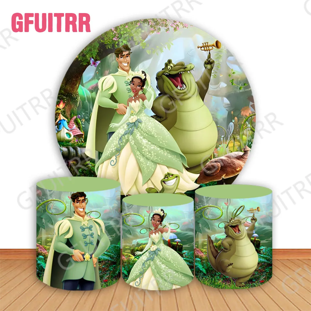 Princess and Frog Round Backdrop Baby Shower Circle and Cylinder Covers Girls Boys Birthday Party Decoration Green Photo Props