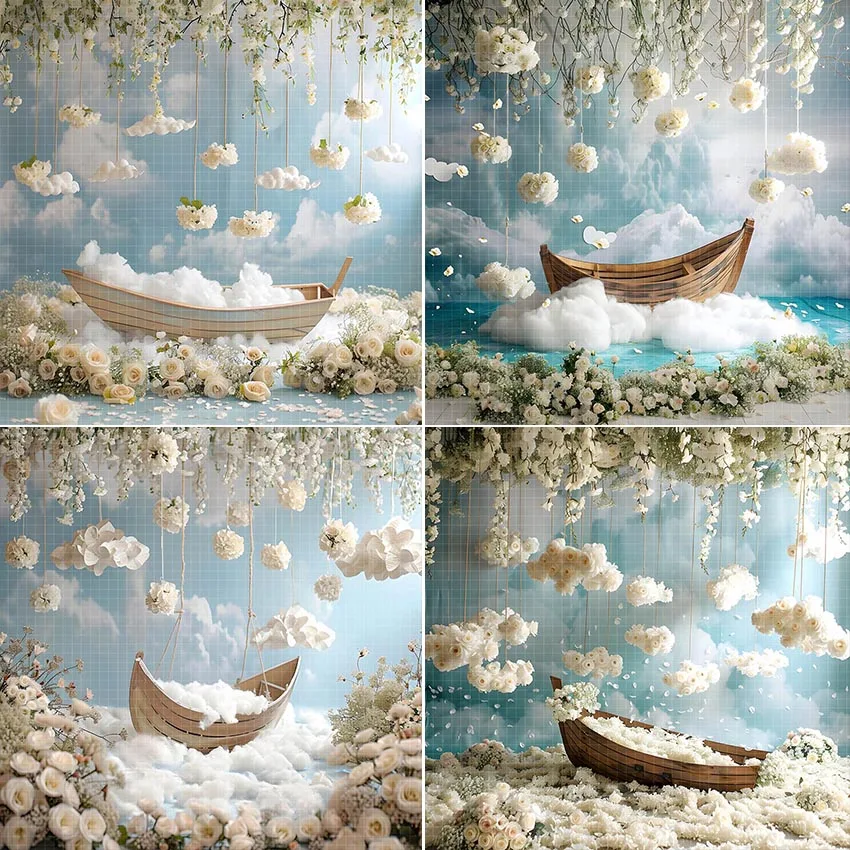 Mehofond Photography Background Blue Sky Clouds Floral Boat Newborn Baby Shower Birthday Portrait Decor Backdrop Photo Studio