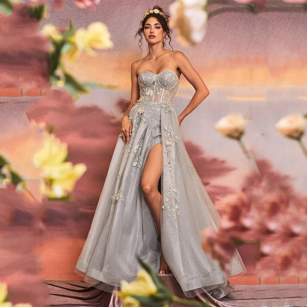 

Cathy Grey Strapless Prom Dress 2023 Sweet 3D Flower فساتين مناسبة رسمية Princess Side Split A-line Tulle Vestidos De Noche