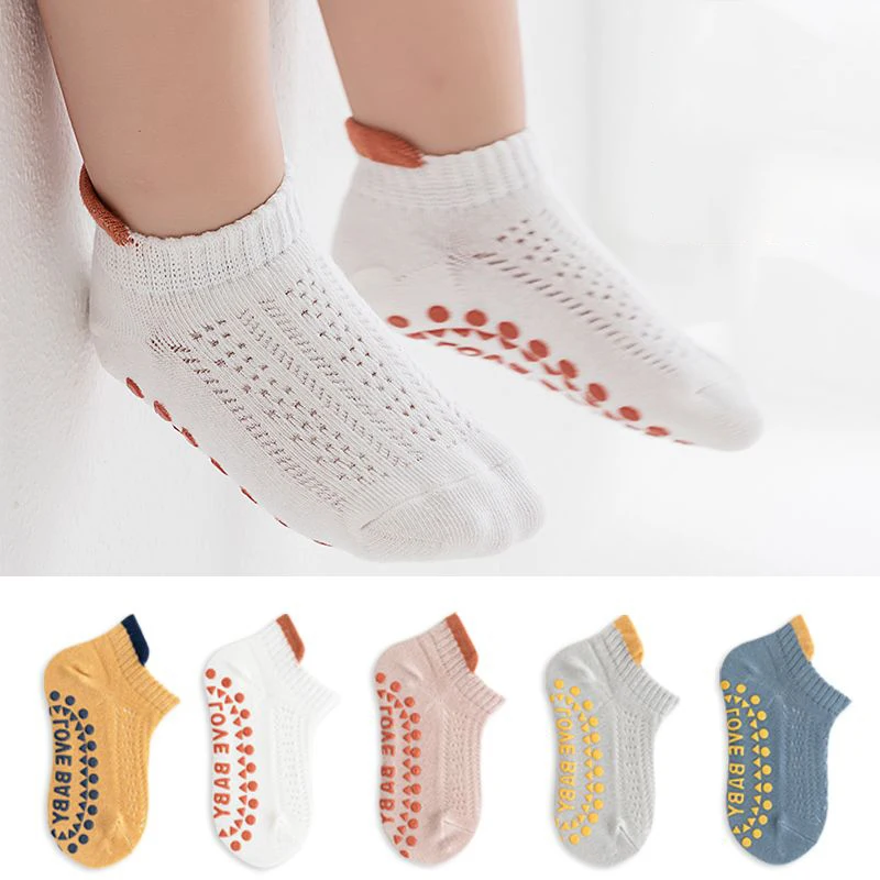 

4 Paris/lot 0-3Y Newborn Baby Socks Pure Cotton Summer Kids Socks Thin Breathable Letter Non Slip 5 Color Toddler Boat Socks