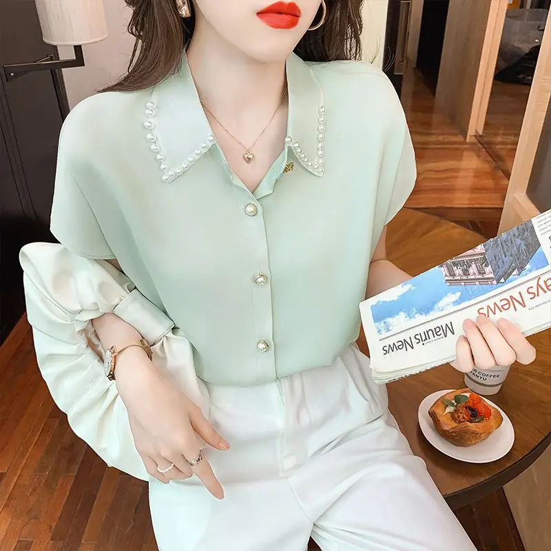 Damskie letnie koszulki polo z krótkim rękawem w jednolitym kolorze, eleganckie bluzki z diamentami, modne i proste, idealne do biura.