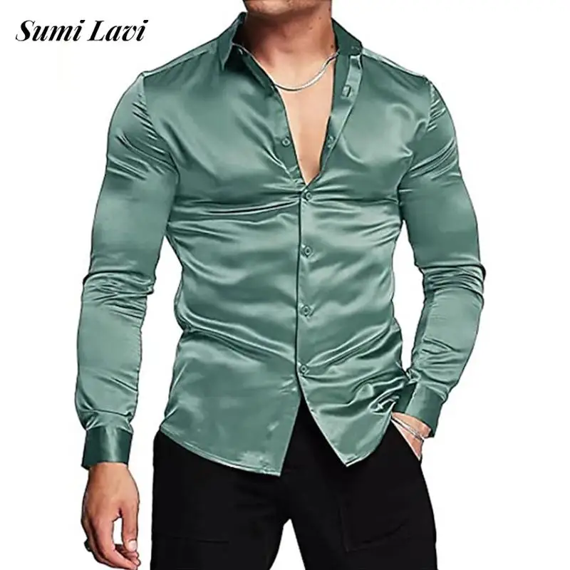 Camisas masculinas vintage de cetim manga longa, lapela de botão, camisa de seda macia masculina, cor sólida, top fino brilhante, casual, nova, primavera