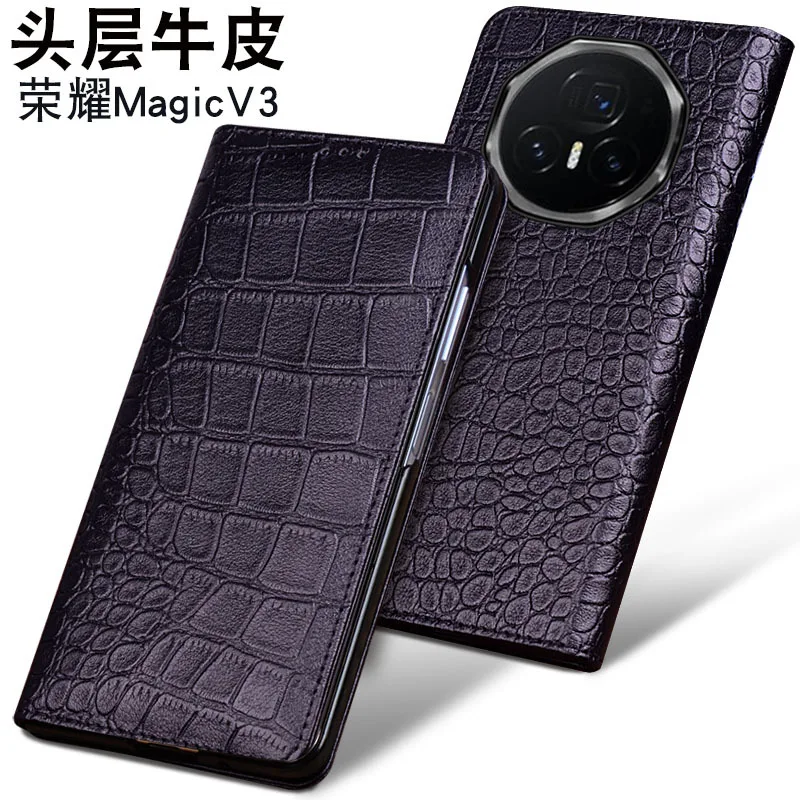 Wobiloo Luxury Real Cowhide Genuine Leather Flip Phone Cases For Honor Magic V3 Hell Full Cover Pocket Bag Case