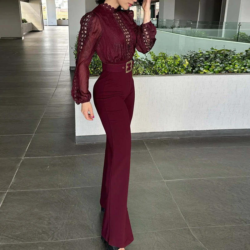

Women Simple High Waist Commute Rompers Casual Mesh Hollow Out Wide Leg Jumpsuits Fashion Solid Long Sleeve Playsuits Overalls