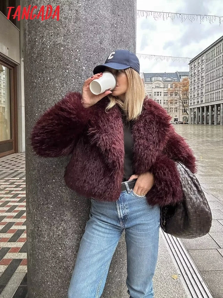 Tangada 2023 Winter Women Wine Red Faux Fur Oversize Crop Coat Female Warm Thick Overcoat 3H303