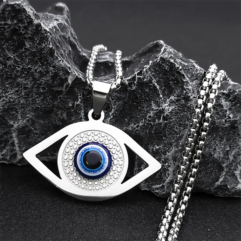 Islam Hamsa Evil Blue Eye Necklace Stainless Steel Turkish Eye Necklace Greek Jewelry ojo turco acero inoxidable N1258S02