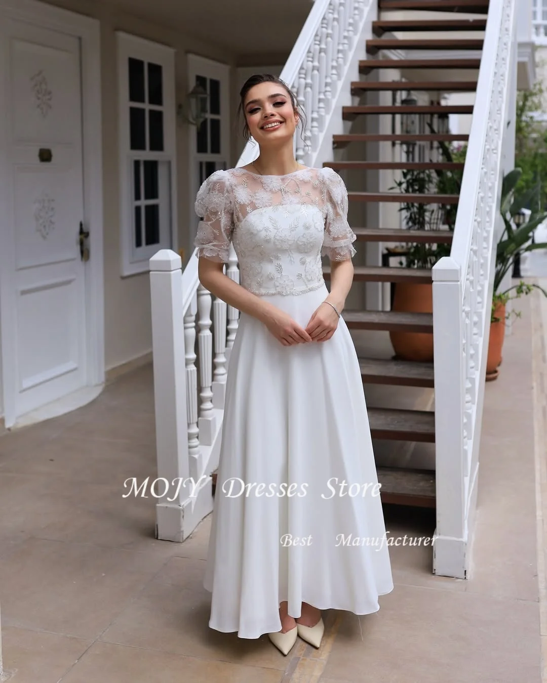 Mojy clássico vestido de casamento noiva mangas curtas colher pescoço miçangas apliques bolso uma linha vestido de noiva robe mariee tornozelo-comprimento