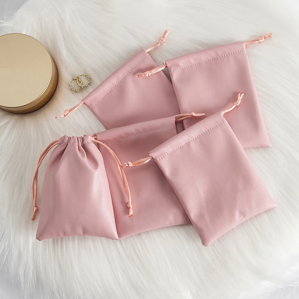 

10Pcs PU Leather Pink Jewelry Bag Ring Earring Bracelet Drawstring Pouches Favors Portable Travel Soap Candy Storage Pocket