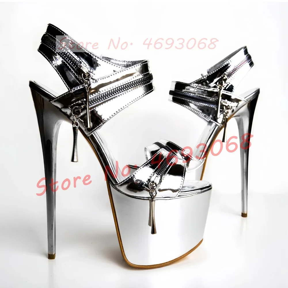 

Silver Mirrored Leather Platform Sandals Women Stylish Zipper Decor Stiletto High Heel Shoes Lady Luxury Ankle Strap Sandals