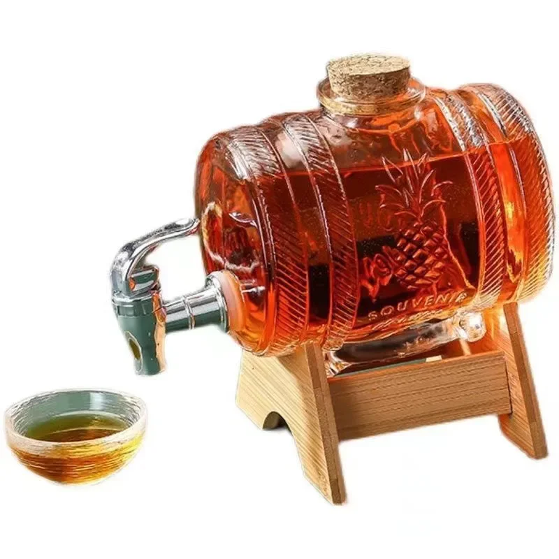 1L Beverage Barrel with Faucet Embossed Clear Glass Wine Barrel Wine Whiskey Juice Can Creative Beer Jugs