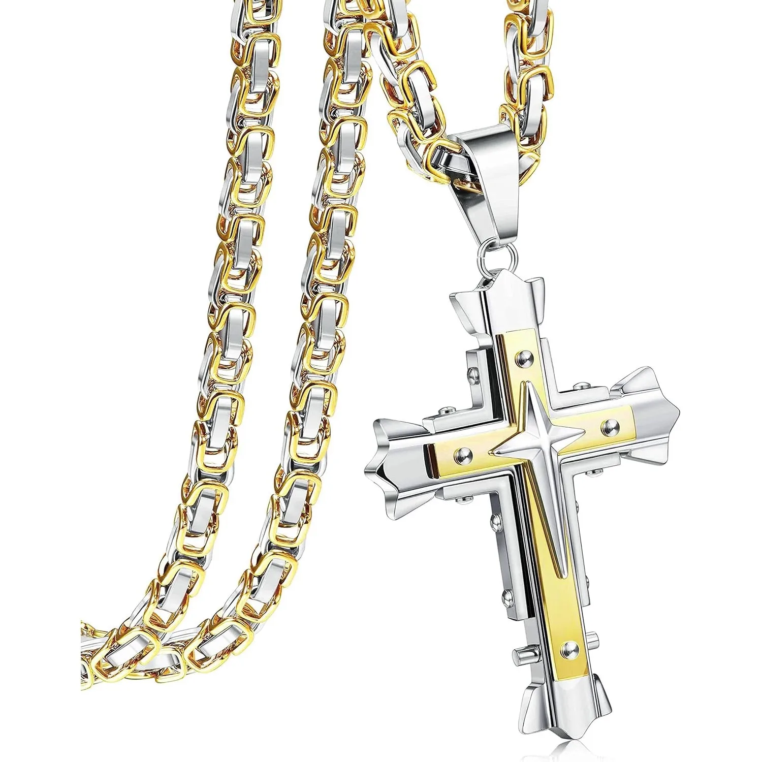 

Florideco Gothic Cross Necklaces for Women Men Stainless Steel Byzantine Chains Cross Pendant for Men Jesus Cross Chain