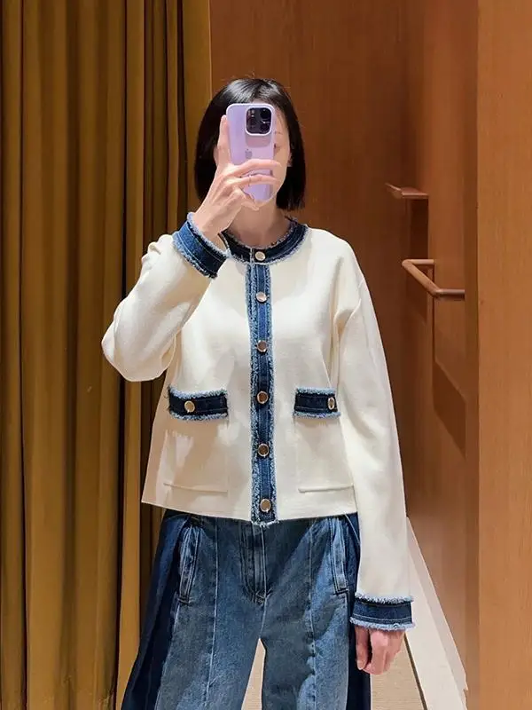 Early Spring Faion College Sle Knitted ort Jaet Color Blo round Ne Fur Trimmed Denim Outerwear Women's Knitwear