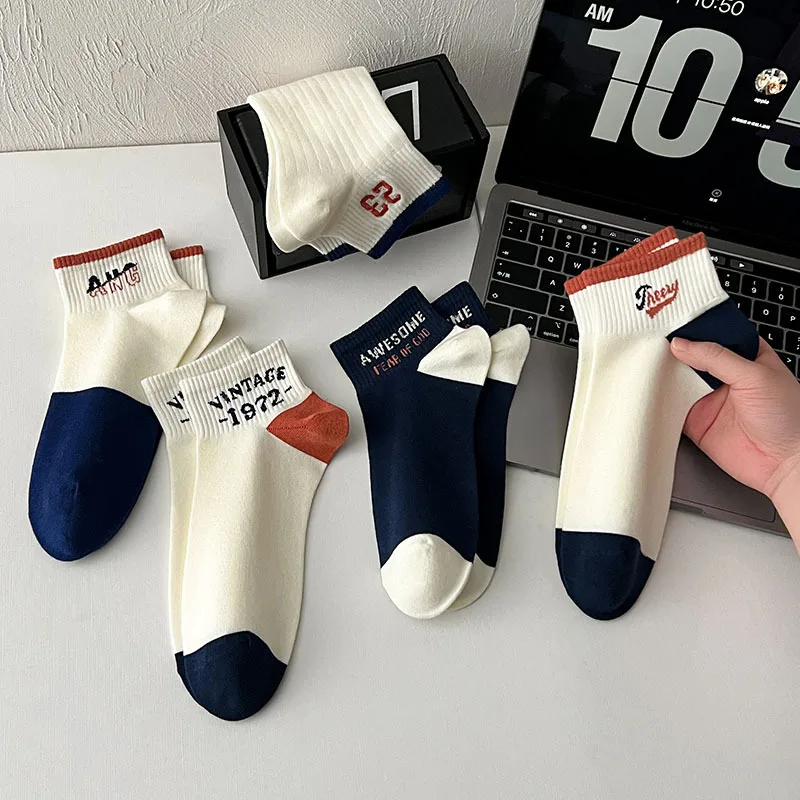 Chaussettes de Basket-Ball Respirantes en Coton pour Homme, Bas de dehors, Style Printemps et Été, Impression Assortie de Documents, Broderie