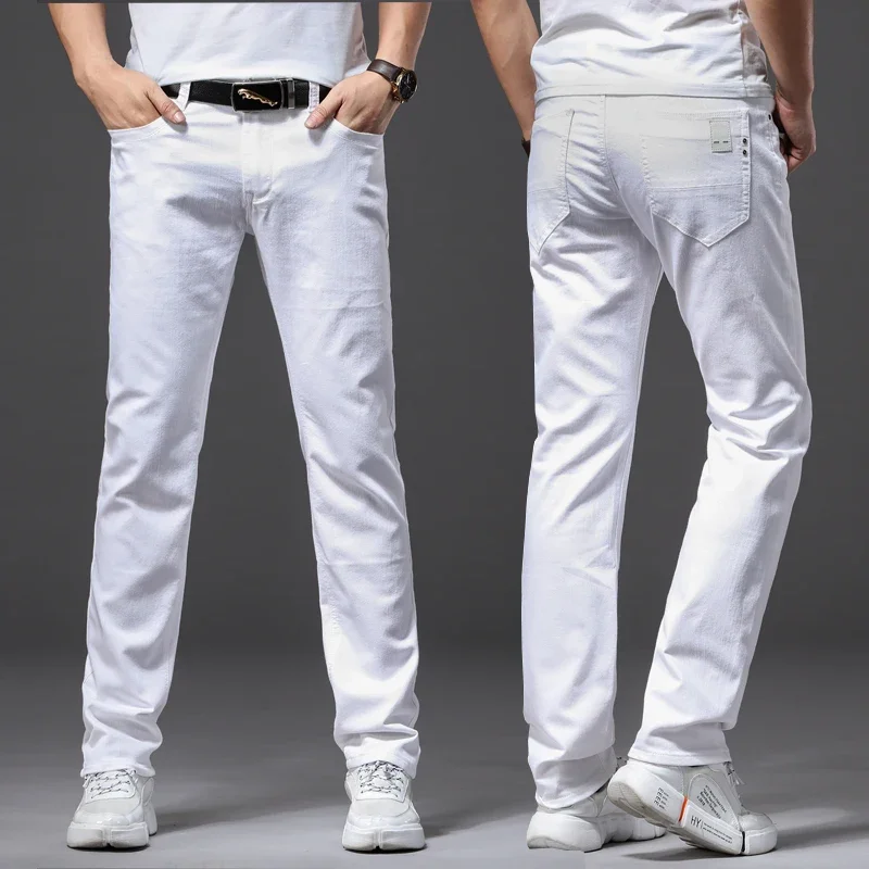 White Jeans Men Fashion Casual Straight Pants Classic Style Slim Trousers Male Brand Clothing Stretch Denim Trousers