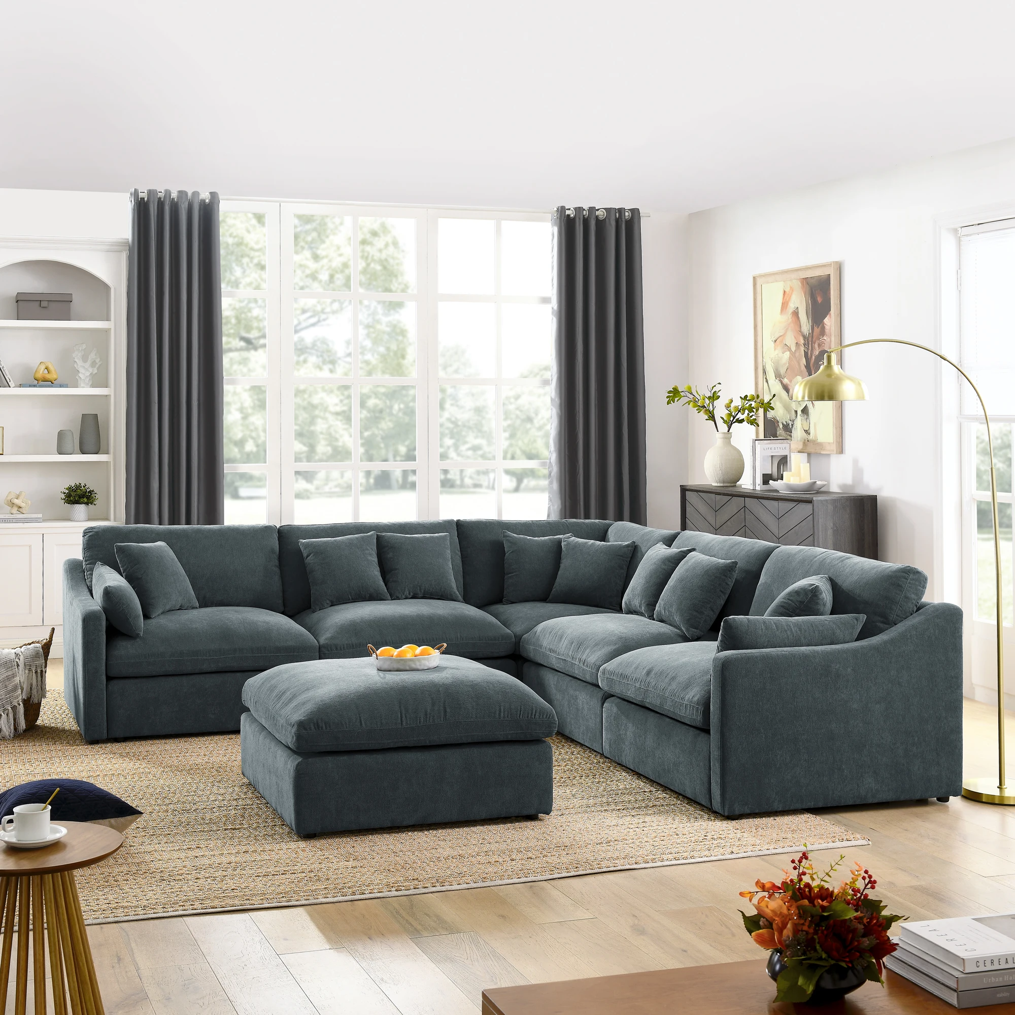 6-Seater L-Shaped Sectional Sofa with Ottoman – Oversized Upholstered Couch, 10 Pillows, Removable Down-Filled Cushions