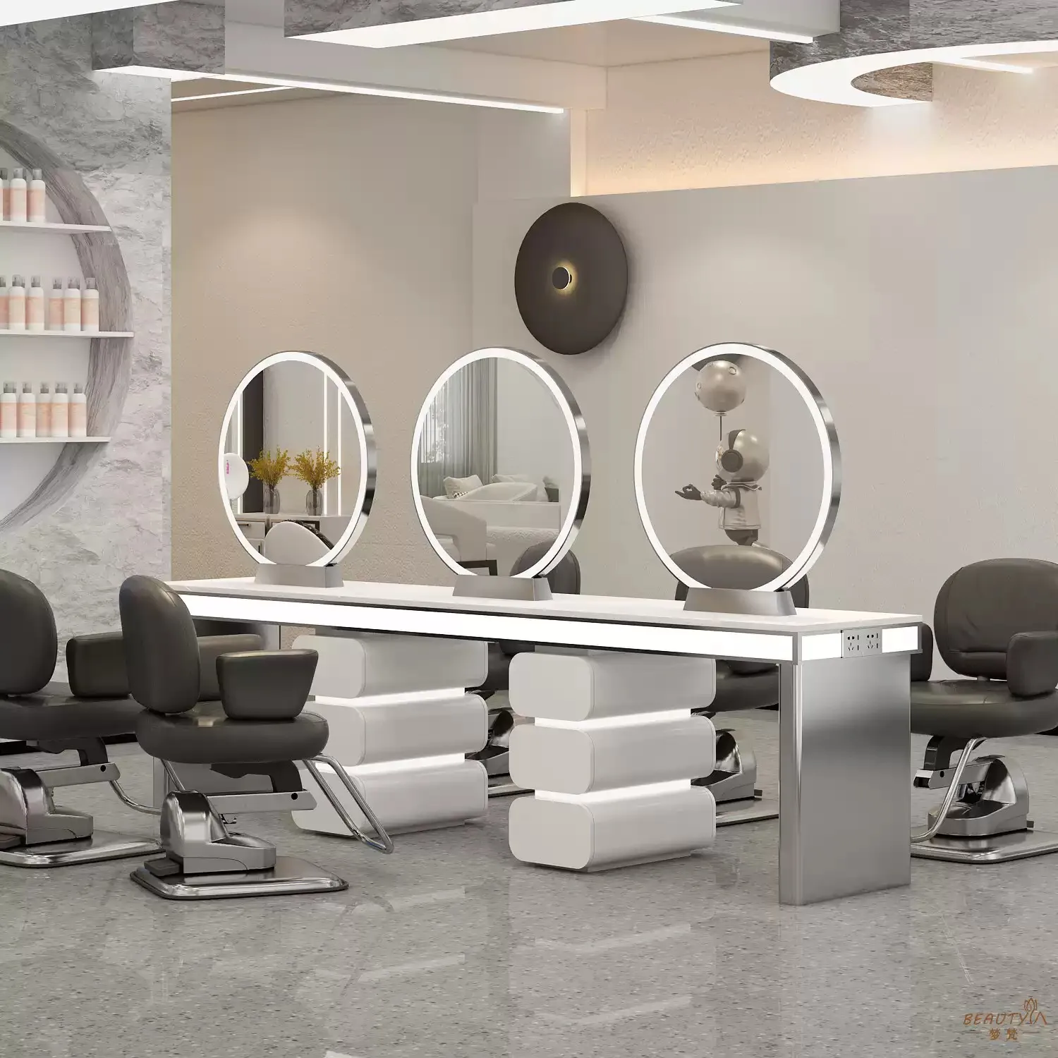 Modern Stainless Steel Dressing Table With White LED Barber Mirror Station Beauty Salon Makeup Table Set For Hair Styling