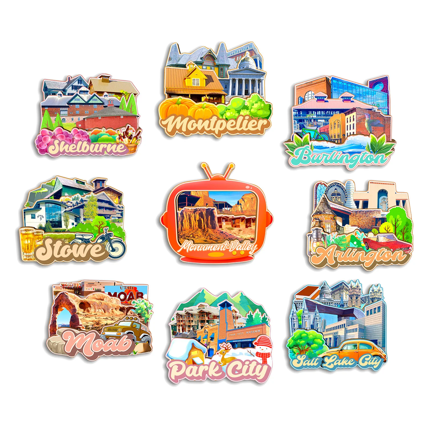 Arlington Texas Salt Lake City Park City Moab Monument Valley Utah Stowe Vermont USA imán para nevera regalo de recuerdo de viaje