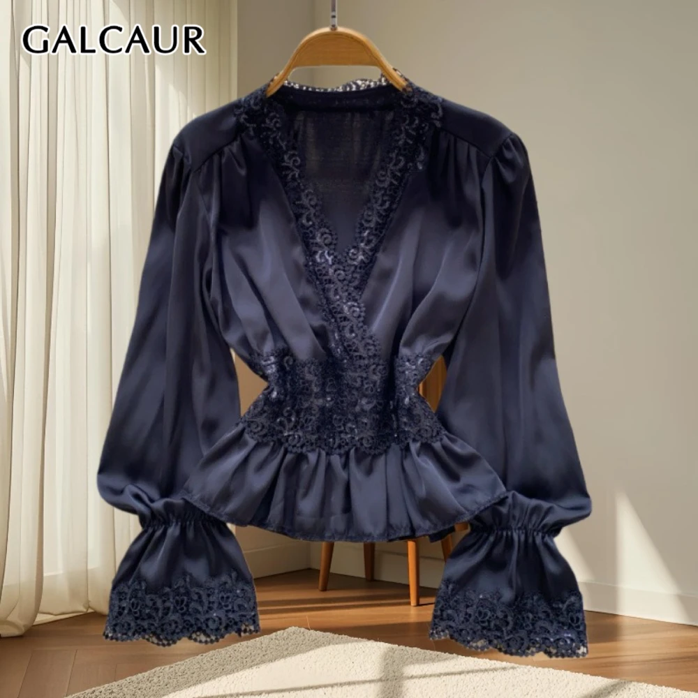 

GALCAUR однотонная кружевная дизайнерская рубашка женская с v-образным вырезом и длинным рукавом для похудения французские сексуальные женские рубашки осенняя мода новый стиль