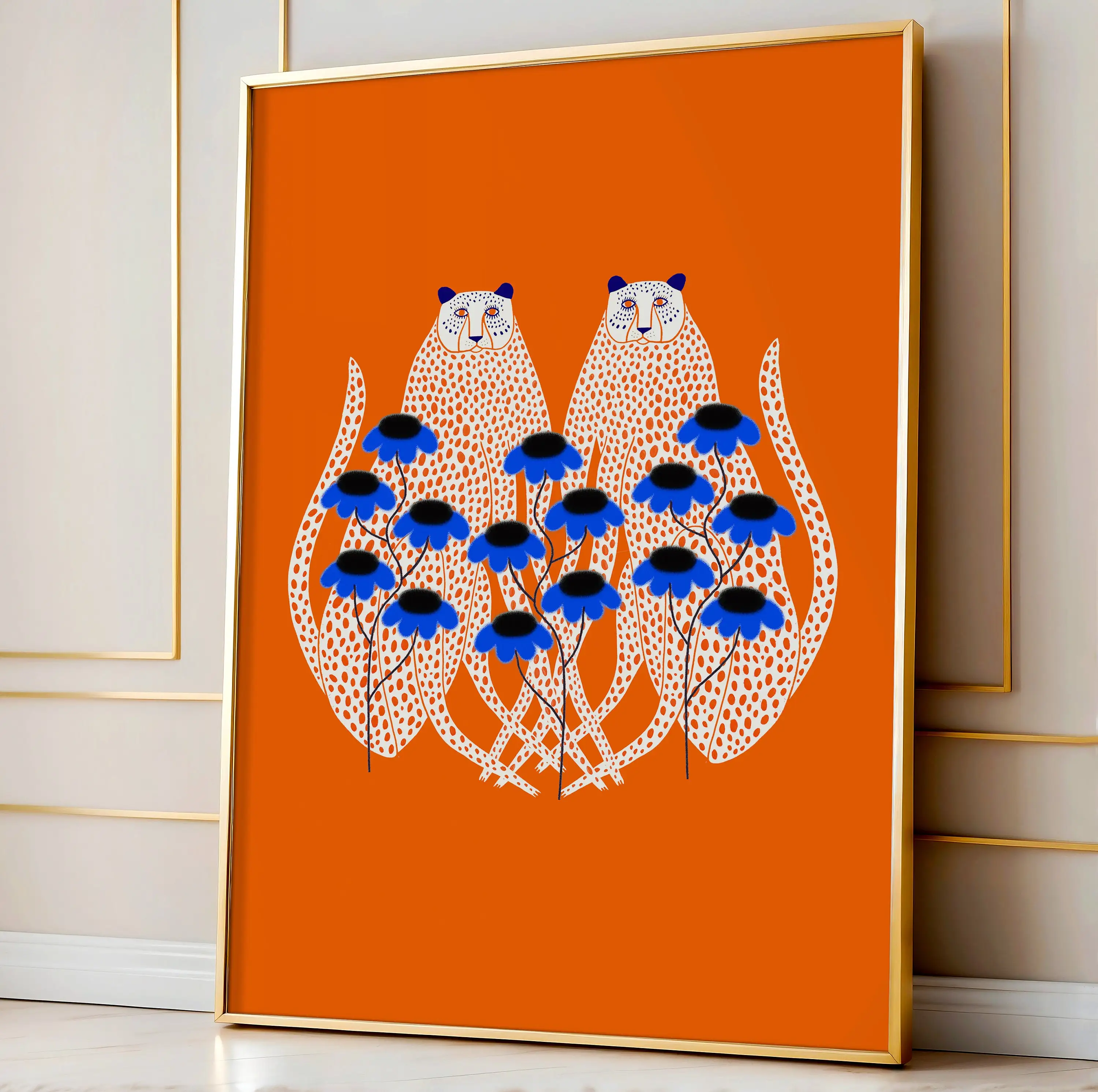 Cheetah and Blue Daisies Art Print, Bright Home Decor, Wall Decoration for Kitchen, Bedroom, Living Room, Office, House Warming