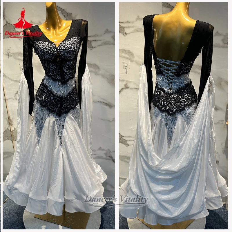 

Взрослые черные + белые сетчатые платья для социальных танцев, платья для выступлений и сорняков, наряд для вальса, танго, с длинными рукавами, жизненность танцора