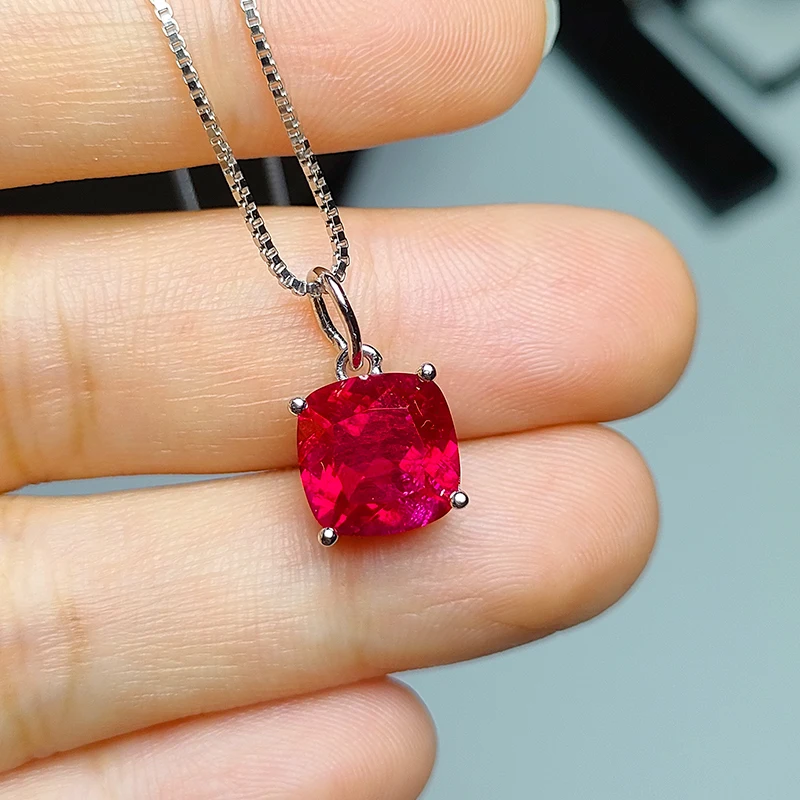 925 silver Fashion 9*9mm cushion red and pink color Artificial ruby  with inclusions main stone Jewelry for Pendant Necklace