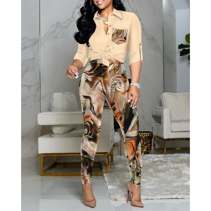 2023 Spring Autumn Slim Fit Printing Suit Women's Long Sleeve Single-Breasted Turn-down Collar Top High Waist Pencil Pants Suit