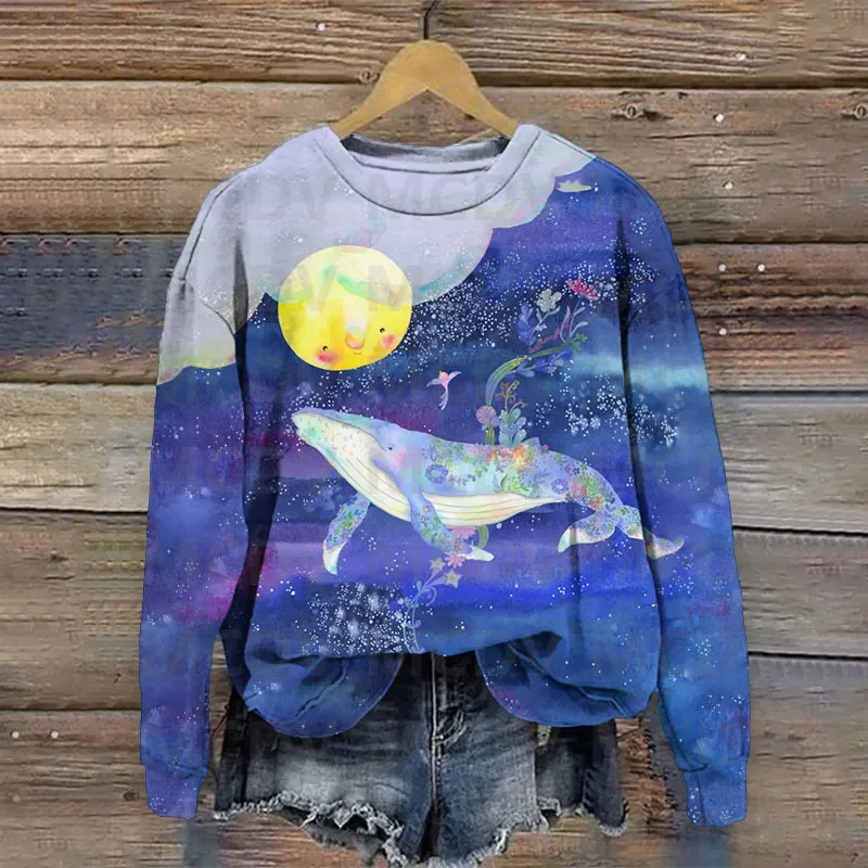 Cute Dreamy Starry Sky Ocean Whale Art Print Crew Neck Sweatshirt 3D Printed Women Casual Pullover