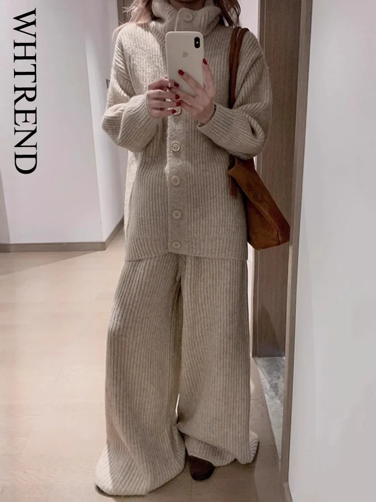 

WHTREND Big Size Turn-Down Collar Sweater Set For Women Loose Style Casual Knitted Cardigan Wide-Leg Pants Two-Piece Set WH1861