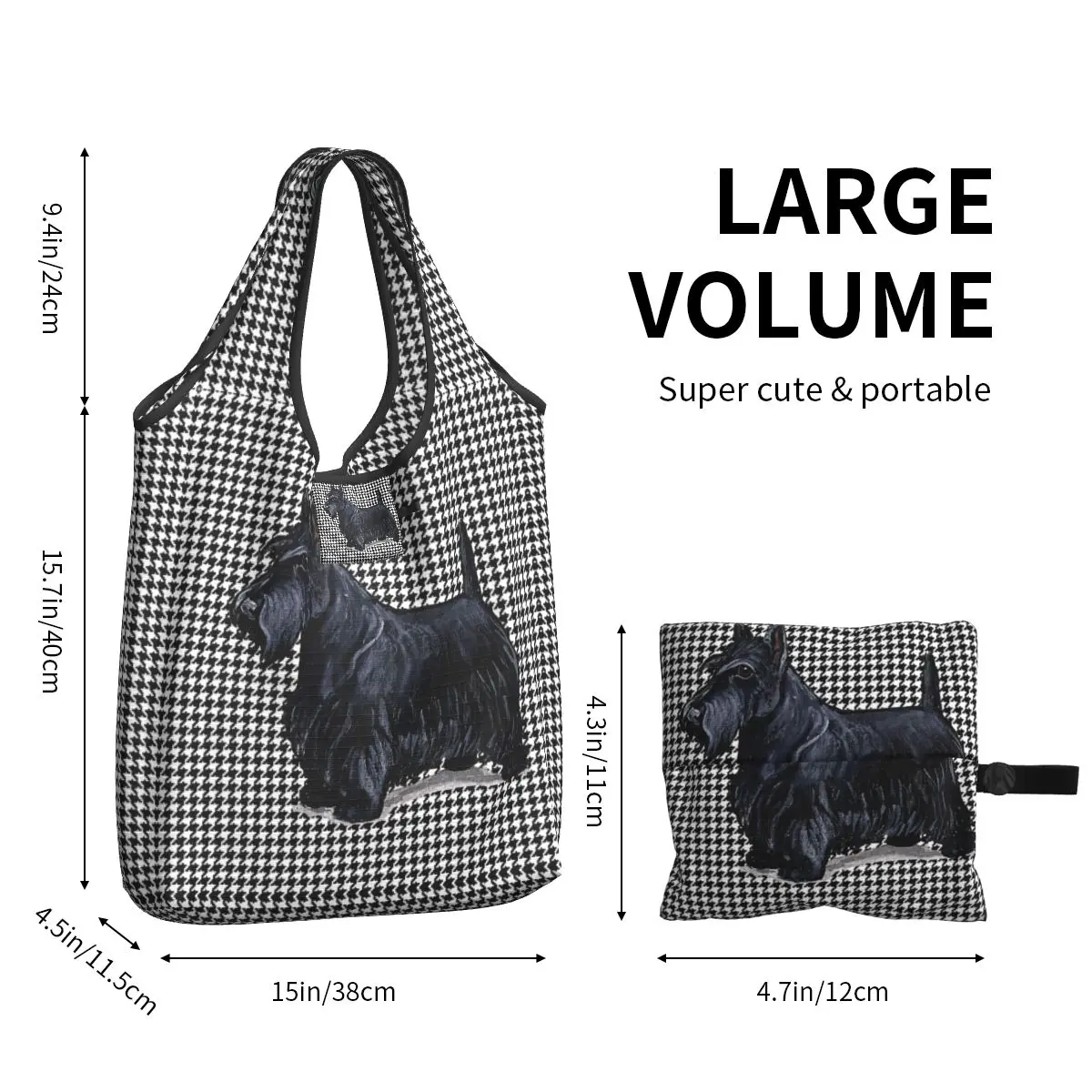 Custom Scottish Terrier Houndstooth Sacos De Compras Para As Mulheres, Grande Capacidade Portátil, Mercearia, Pet, Scottie Dog, Shopper Tote