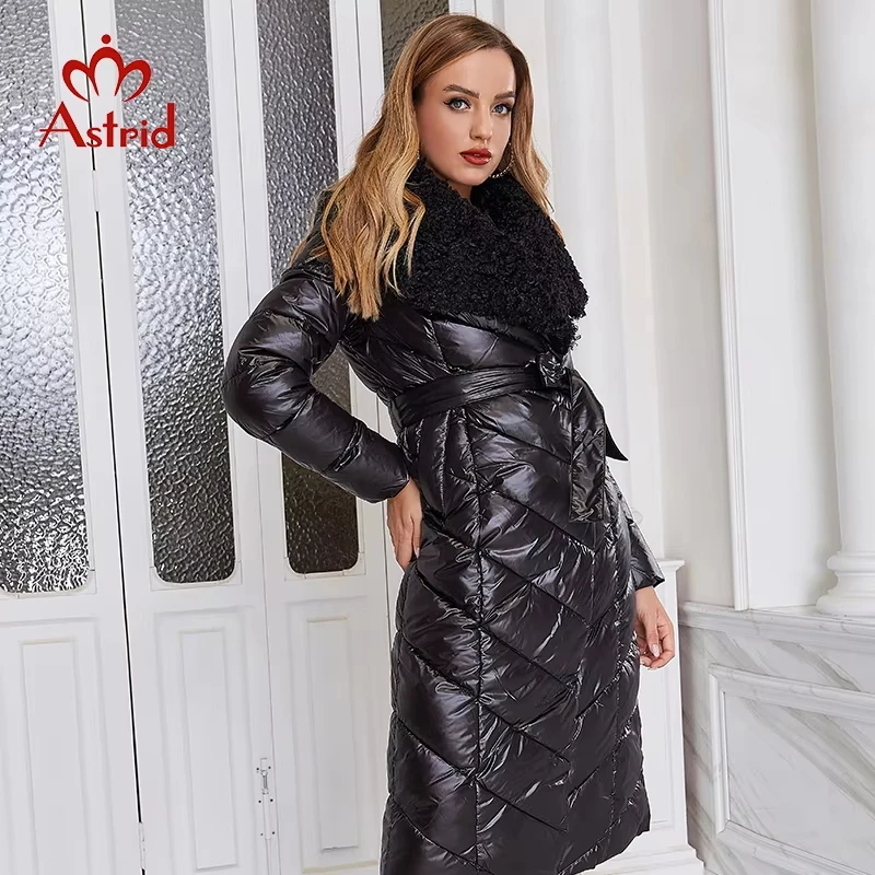 Astrid 2023 Women's Jacket Female faux Fur lapel Hooded Elegant Tie Belt stitching down jacket Oversize parkas Women coat 8690