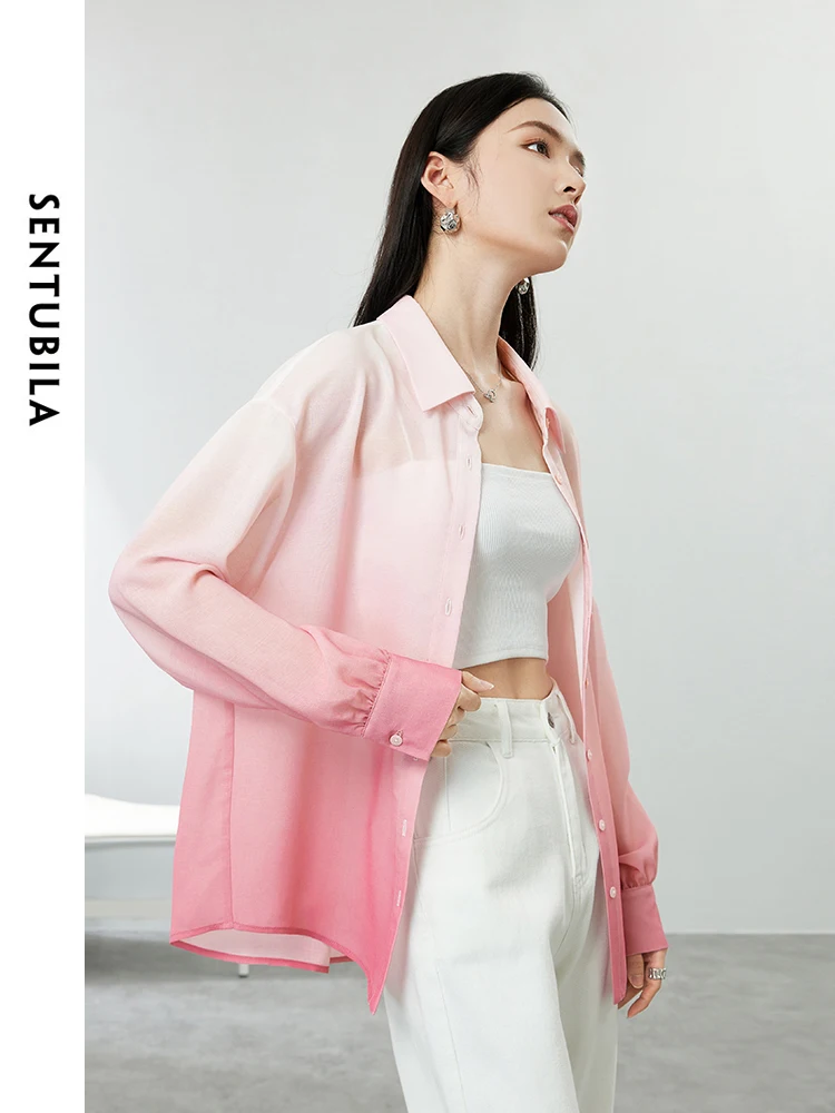 SENTUBILA Gradient Pink Women Shirts 2024 Spring Fashion Button Up Shirts & Blouses Casual Loose Long Sleeve Tops 141C53411