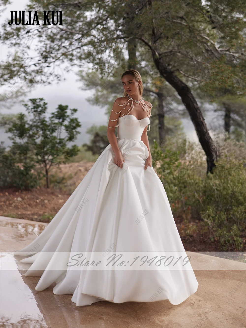 جوليا كوي مخصص الديكور اللؤلؤ الأشرطة الكرة ثوب فساتين الزفاف قبالة الكتف الحبيب الدانتيل يصل فساتين العروس الساتان الفاخرة #3