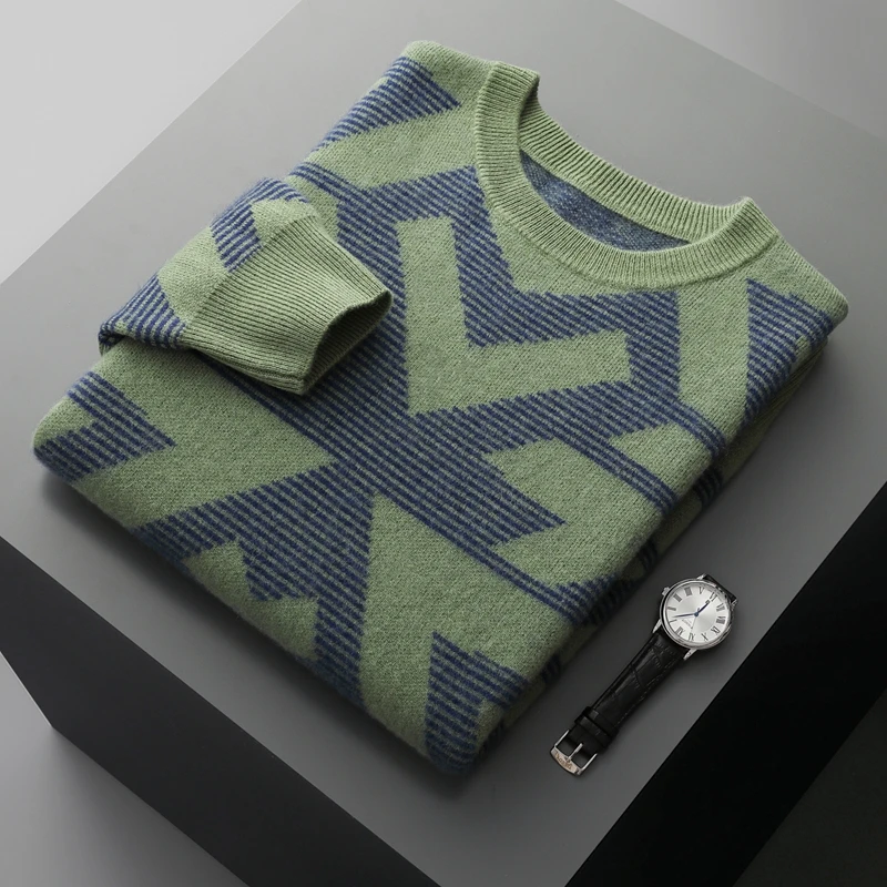 

Men's 100% Pure Cashmere round Neck Sweater Loose Fit Business Casual Base Layer Thickened Knitted Jacquard