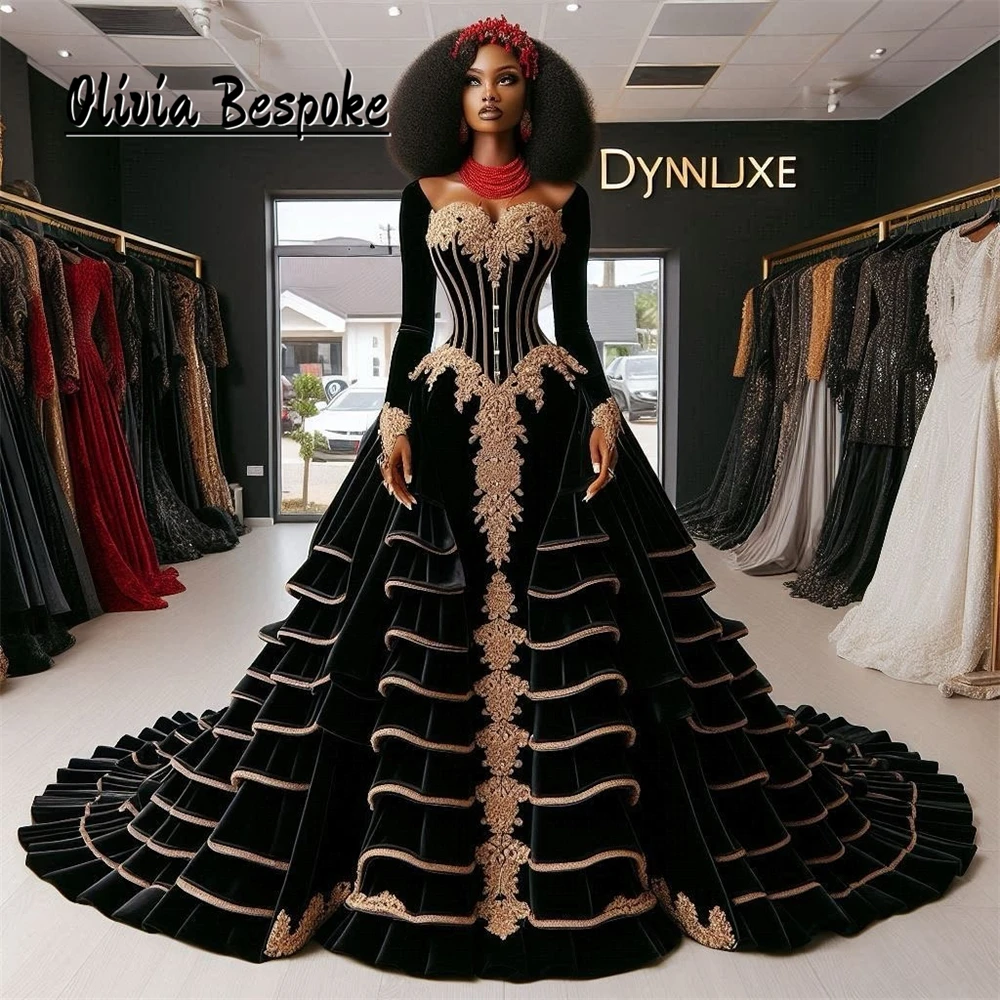 

Exceptional Black Tiered Ruffles Train Evening Dresses Long Sleeves Applique African Ball Gown Party Dress Women 2025 Customized