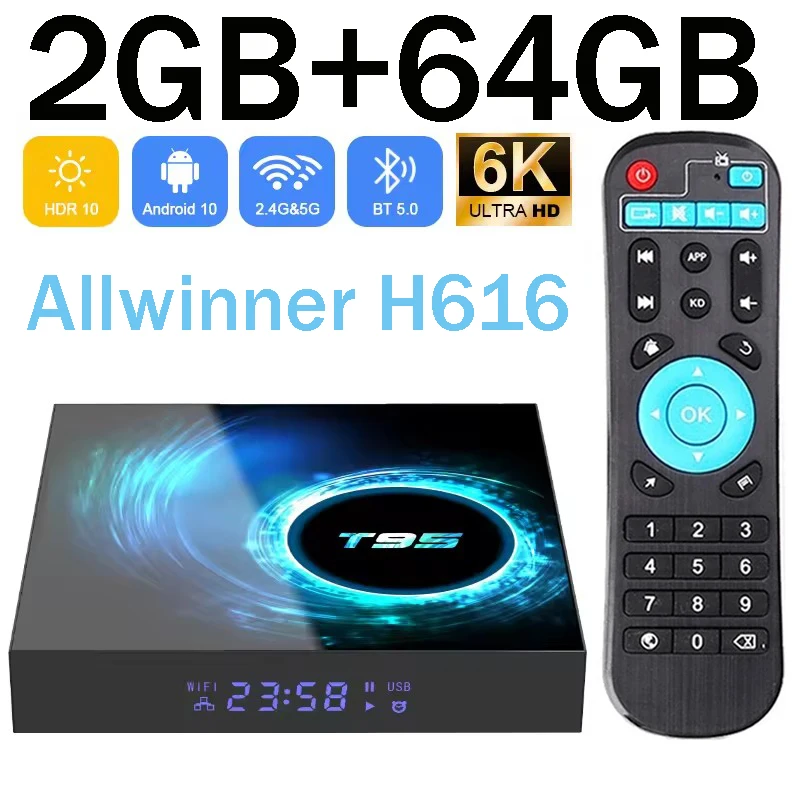 T95 Smart TV Box HD 6K Android 10 Allwinner H616 2 ГБ 64 ГБ BT 5.0 Dual Wi-Fi 4G 5G Медиаплеер 4K iptv