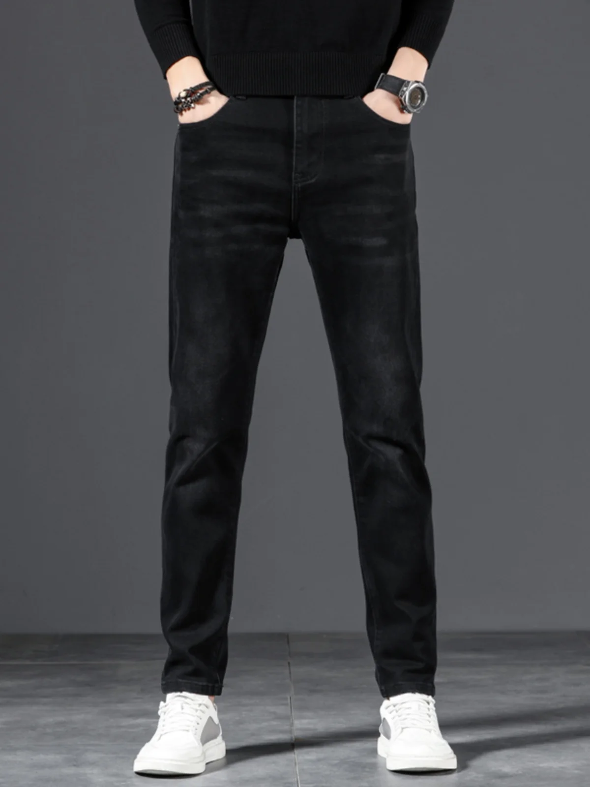 

Высококачественные гонконгские черные повседневные мужские джинсы Slim Fit, эластичные, универсальные, весенне-осенние, со средней посадкой, из хлопкового стрейч-денима