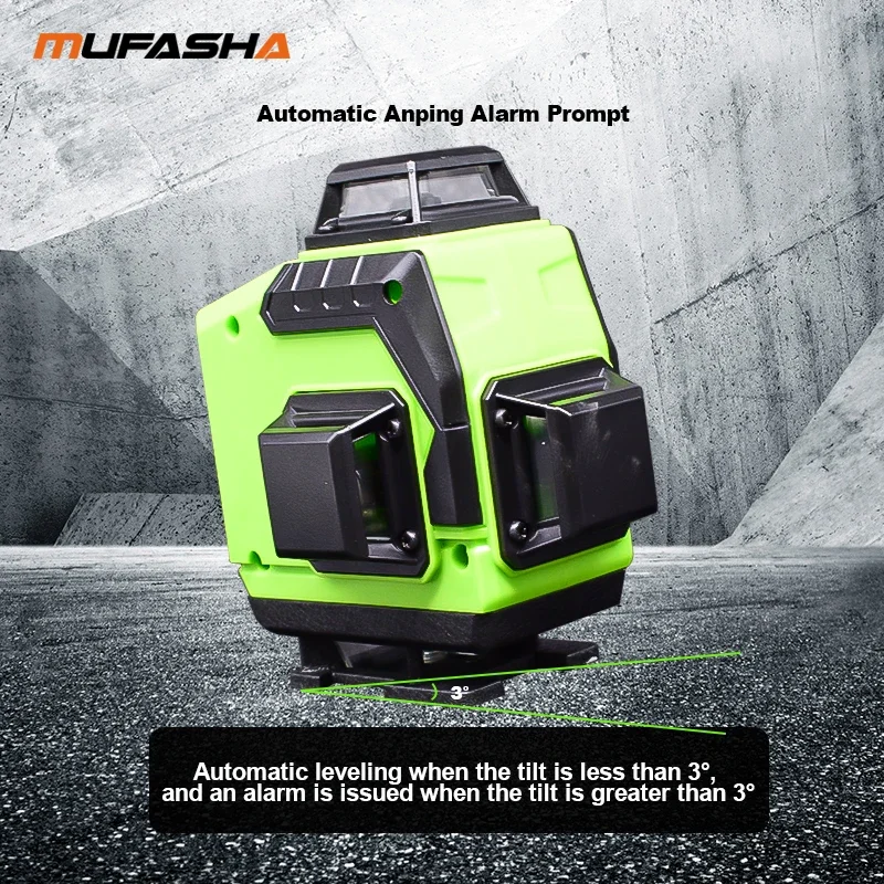 MUFASHA rotary laser level for outdoor 4D 16 lines 360 Degree green beam Tile Self-leveling Tool with two batteries T123