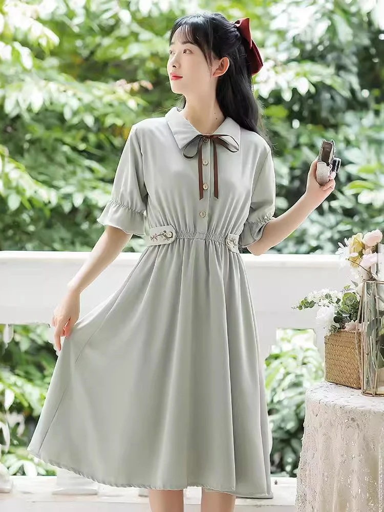 New Single Breasted Dress for Women Pleated Bow Sweet Robe Femme Embroidery Flower Fashion Summer Dresses 2024 Vestidos De Mujer