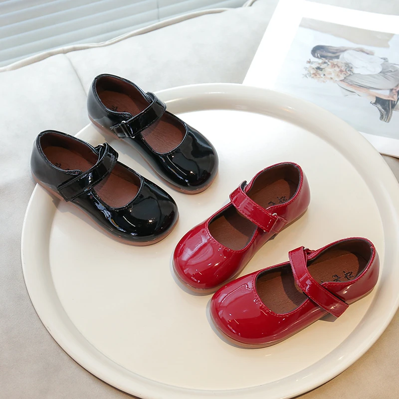 

Spring Girl's Mary Janes Hook-loop Pu Leather Chic Daily Kid's Flat Shoe Black Red Glossy Versatile Comfy Children Shoes 4-6Y