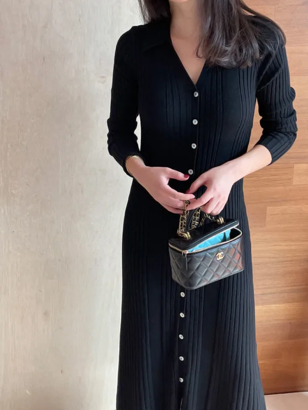 Chic Autumn Winter Knitted Long Sleeve Casual Loose Dress Women's Fashion Collar Single Button Chic Long Dress for Ladies