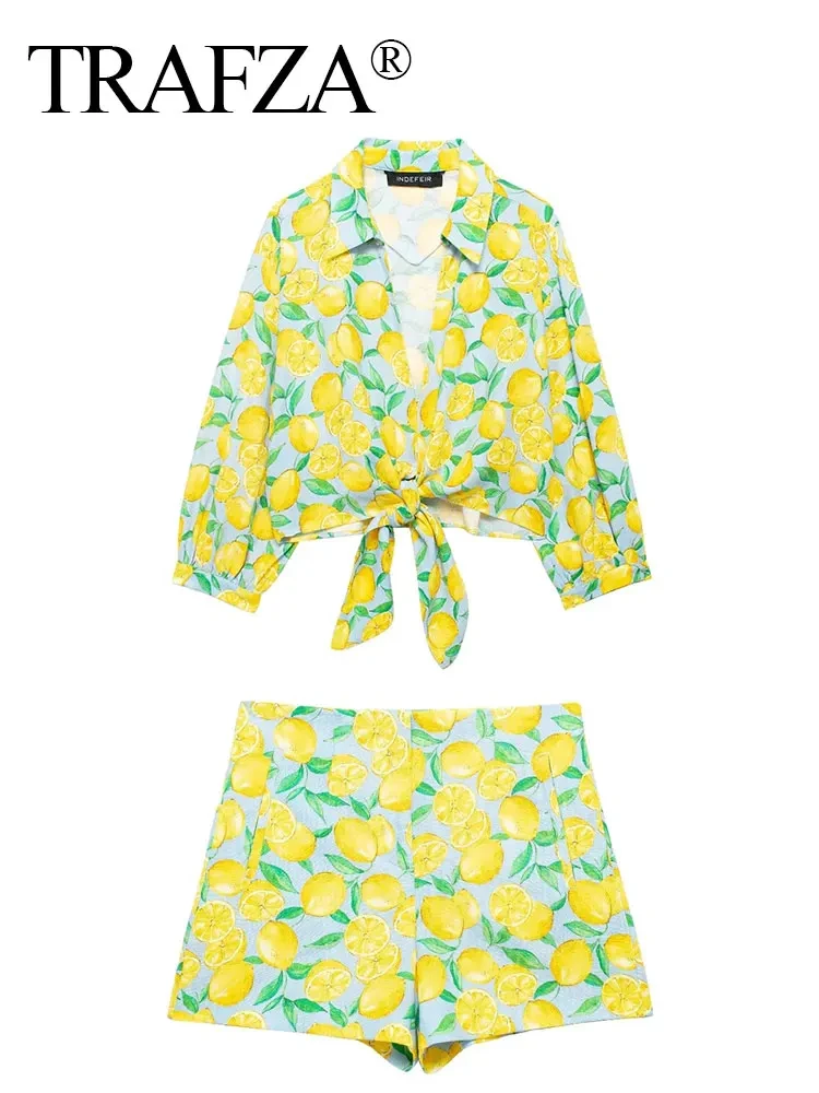 TRAFZA Summer Shorts Set Fashion Lemon Print Lapel Crop Blouses Long Sleeves Lace-up Shirt Top Damskie szorty z wysokim stanem i zamkiem